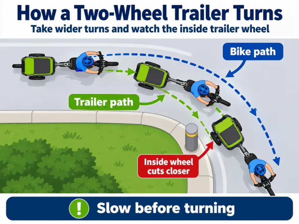 Two-wheel e-bike trailer turning diagram showing the trailer tracking inside the bicycle’s path near a curb and bollard.