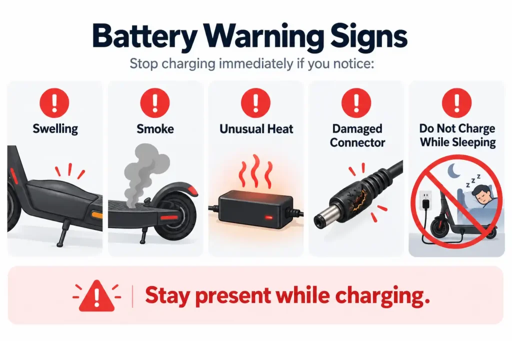 Electric scooter battery warning signs including swelling, smoke, unusual heat, damaged connector, and no overnight charging