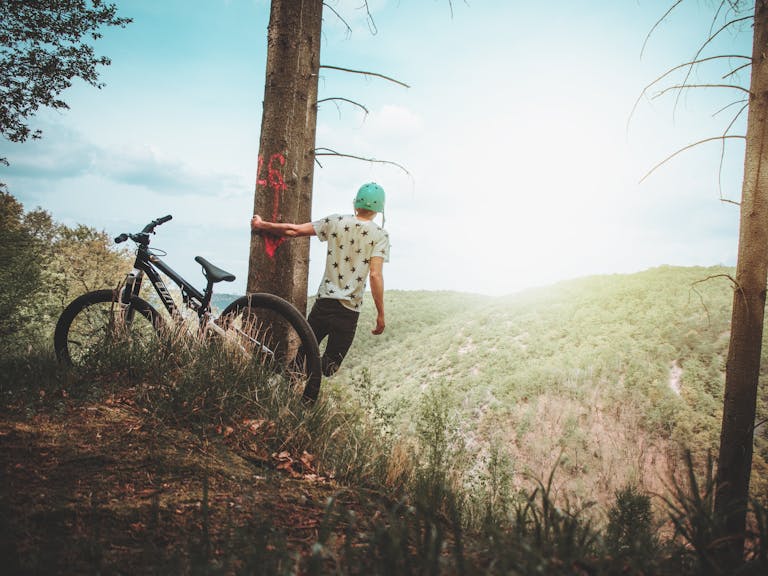 Man Holding Tree Enjoying the View Mountain