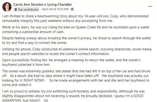 teen returns wallet, receives ebike as reward