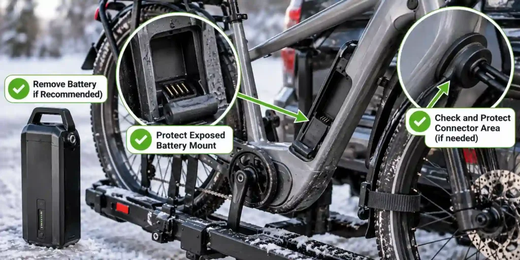E-bike on a hitch rack in winter with battery removed and exposed battery mount protected from road spray
