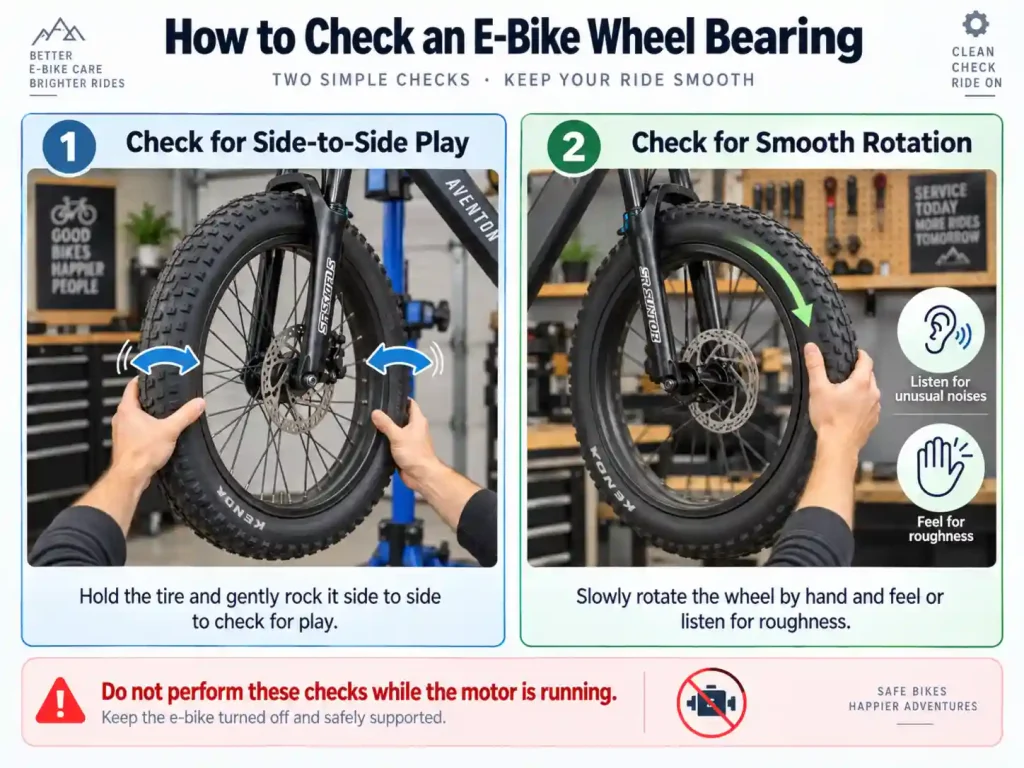 How to check an e-bike wheel bearing by rocking the tire for play and slowly rotating the wheel by hand