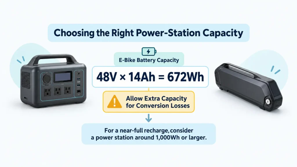 Power station capacity needed to recharge a 48V 14Ah e-bike battery