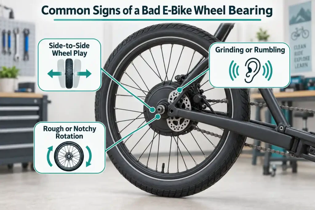 Common signs of possible bad e-bike wheel bearings including side-to-side wheel play, grinding noise, and rough rotation