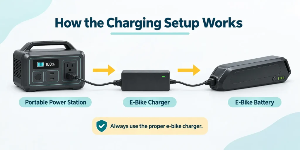 Portable power station connected to an approved e-bike charger and e-bike battery