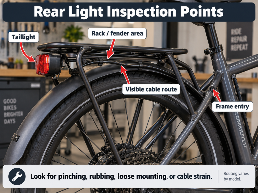 Rear e-bike light inspection points showing the taillight, rack and fender area, visible cable route, and frame entry point.