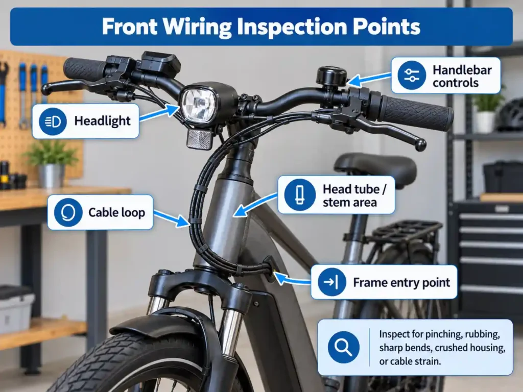 Front wiring inspection points on an e-bike, including the headlight, handlebar controls, cable loop, head tube area, and frame entry point.