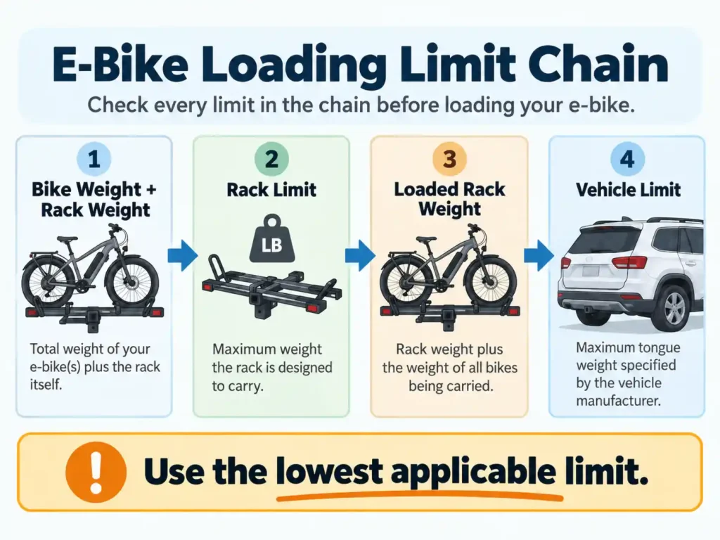 E-bike loading limit diagram showing bike weight, rack capacity, loaded rack weight, hitch receiver limit, and vehicle limit