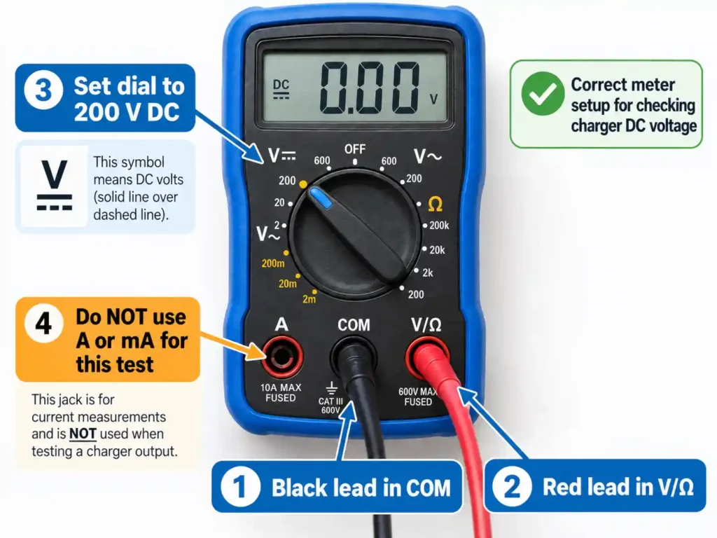 Digital multimeter set to 200 V DC with black lead in COM and red lead in V/Ω for testing an e-bike charger.