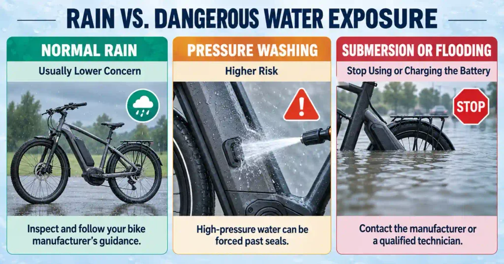Comparison of normal rain, pressure washing, and e-bike battery submersion risks