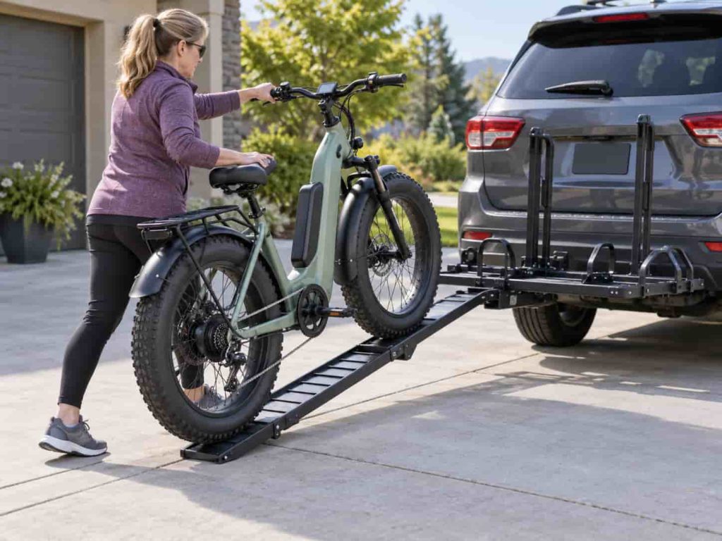 Heavy e-bike being walked up a loading ramp onto a hitch bike rack
