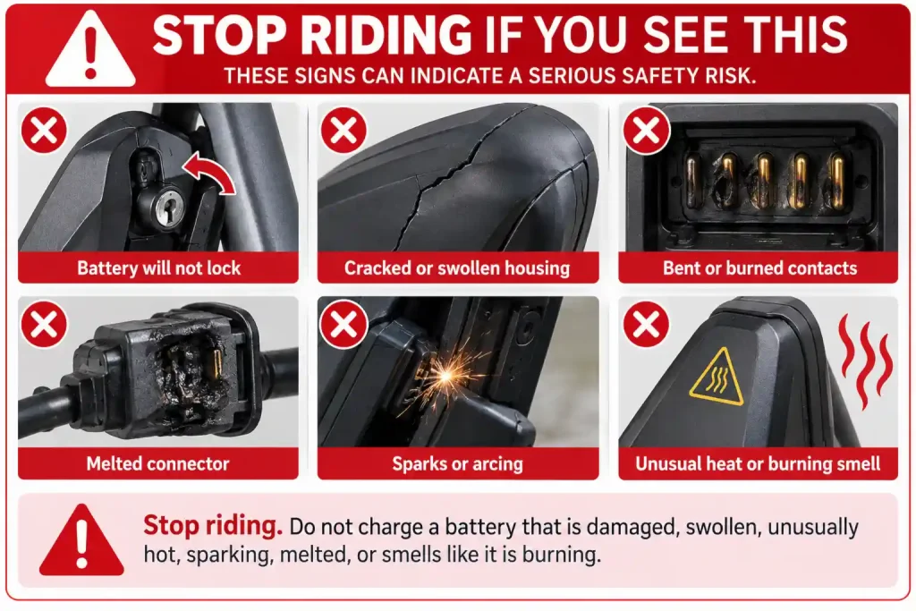 E-bike battery safety warning graphic showing a battery that will not lock, cracked or swollen housing, burned contacts, a melted connector, sparks, and unusual heat