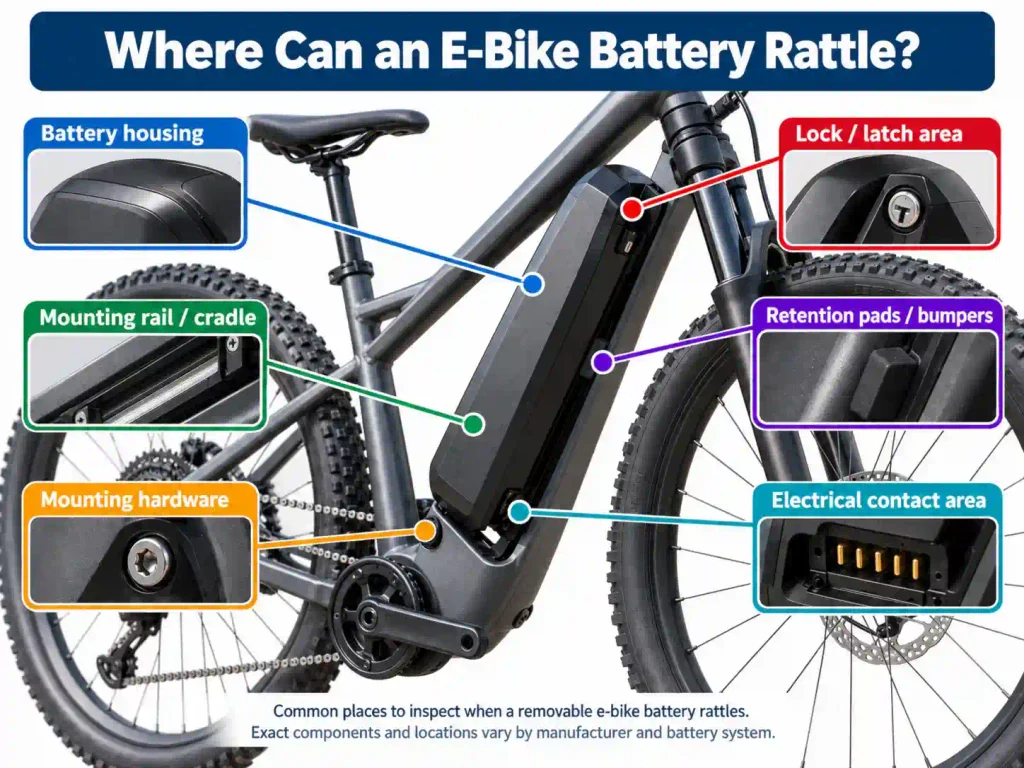 E-bike battery mount diagram showing battery housing, mounting rail, latch, retention pads, mounting hardware, and electrical contacts