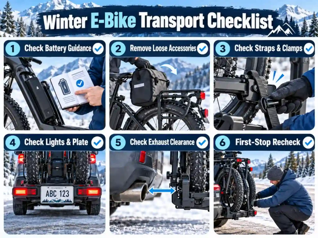 Winter e-bike transport checklist showing battery guidance, loose accessory removal, rack straps, lights, exhaust clearance, and first-stop recheck