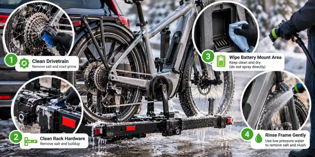 Winter e-bike post-trip cleanup showing drivetrain, rack hardware, battery mount, and gentle frame rinsing