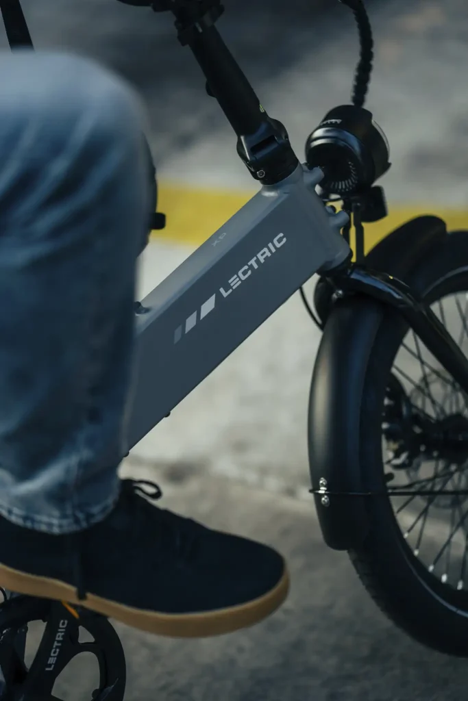 Lectric XP Lite 3 folding electric bike showing gray frame, front headlight, and front fender
Copy
