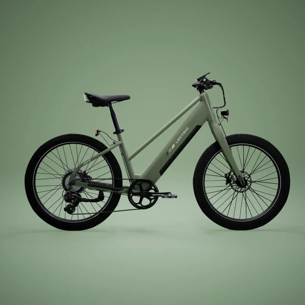 Lectric XPress Lite green commuter electric bike shown in side profile against a matching green background
