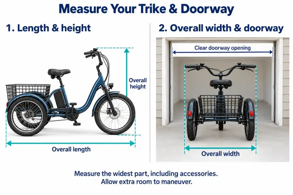 Diagram showing electric trike overall length, height, width, and clear doorway opening for storage.